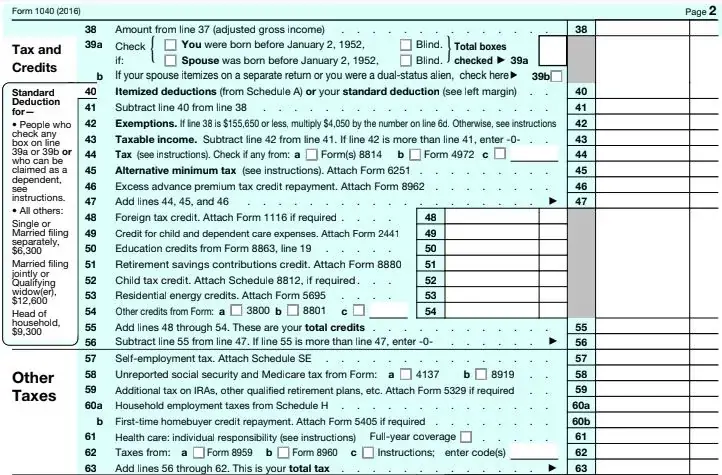 Here are all of the Taxes and Credits on the 1040 2016 tax form