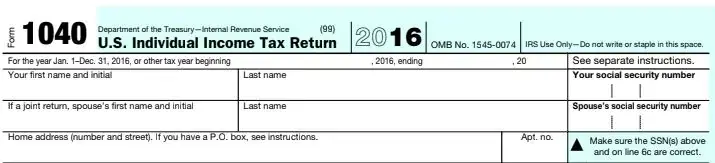 The top of the 1040 2016 PDF form for filing taxes