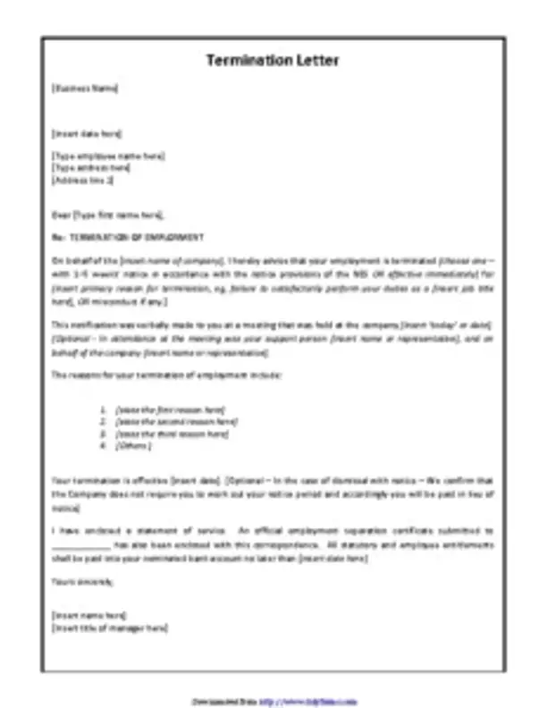 Employment Termination Letter Fillable Legal Template