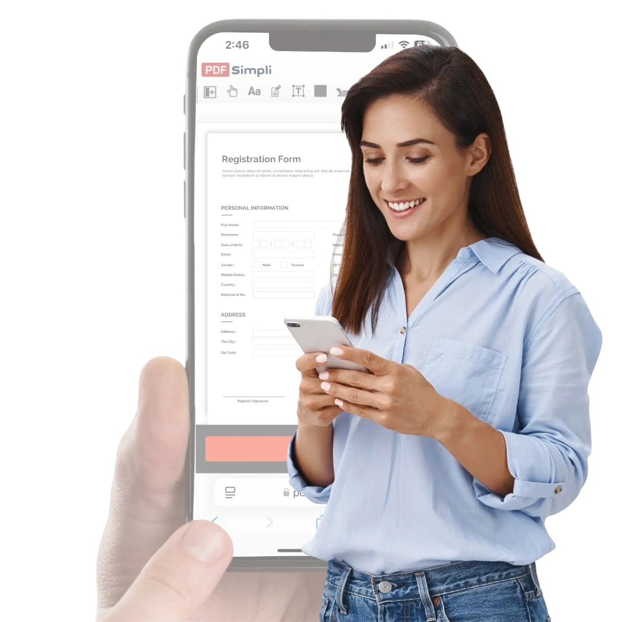 A woman on her phone with a screenshot of the Pdf Simpli app as background