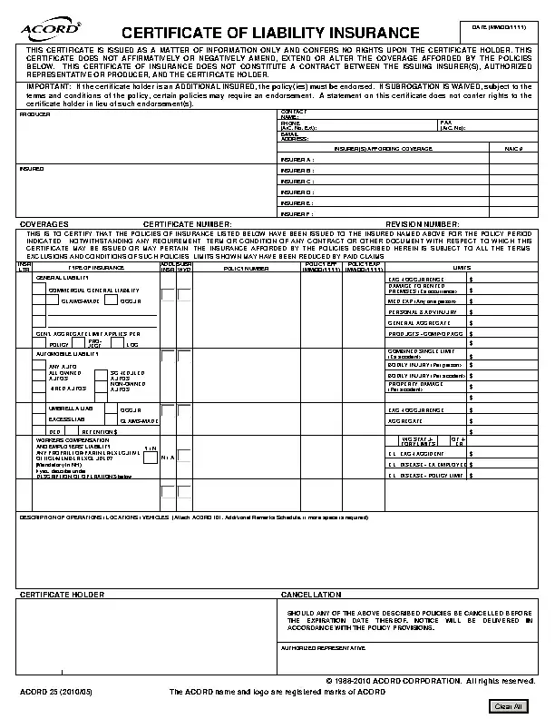 Online Fillable Certificate Of Liability Insurance