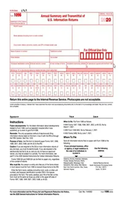 1096 2020 Annual Summary and Transmittal of U.S. Information Returns