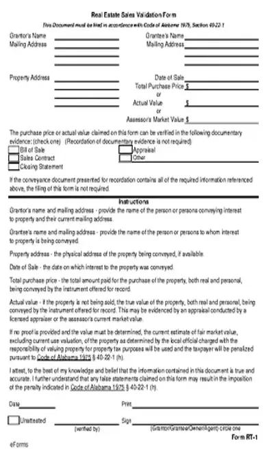 Alabama Real Estate Sales Validation Form Rt 1