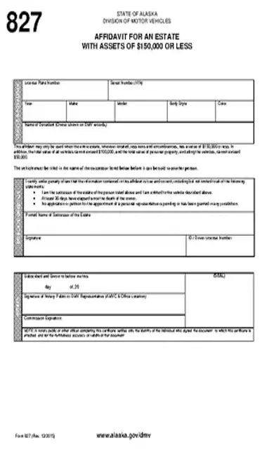 Alaska Form 827 Motor Vehicle Small Estate Affidavit