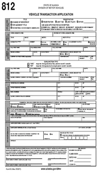 Alaska Vehicle Transaction Application Form 812