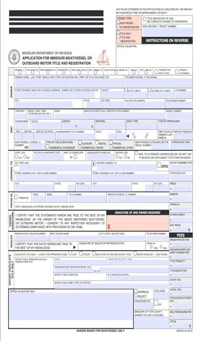 Application For Missouri Boatvessel Or Outboard Motor Title And Registration Form Dor 93