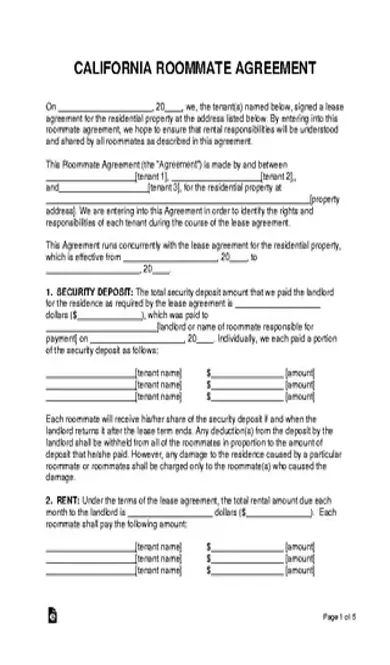 California Roommate Agreement Template