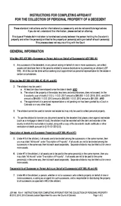 Colorado Small Estate Affidavit Instructions Form Jdf 998