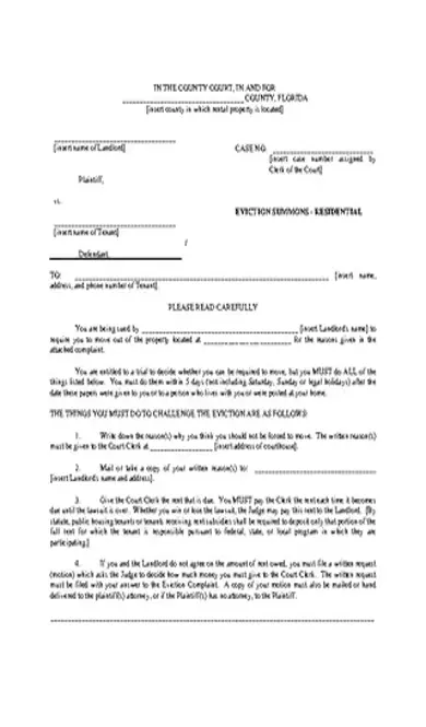 Florida Summons For Damages And Eviction Complaint