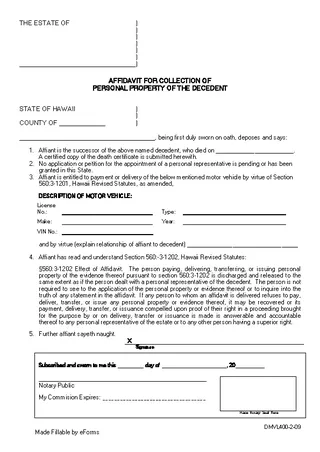 Hawaii Small Estate Affidavit For Motor Vehicles