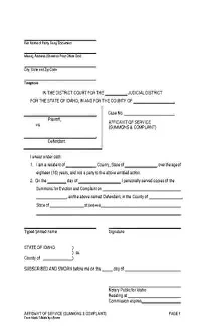 Idaho Affidavit Of Service Summons And Complaint