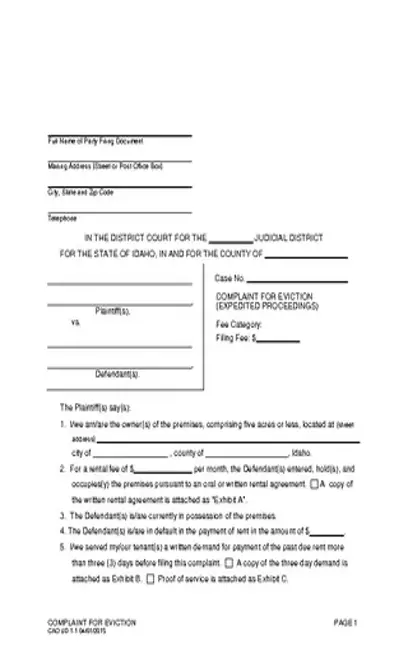 Idaho Eviction Complaint Form