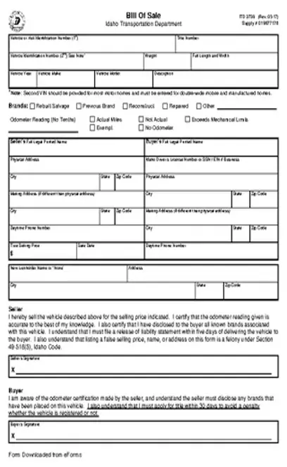 Idaho Motor Vehicle Bill Of Sale Form 3738