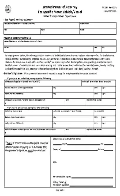 Idaho Motor Vehicle Power Of Attorney Form 3368