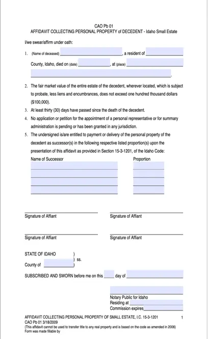 Idaho Small Estate Affidavit Collecting Personal Property Of Decedent Form Cao Pb 01