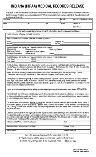 Indiana Hipaa Medical Records Release Form