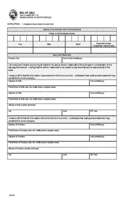 Indiana Motor Vehicle Bill Of Sale Form 44237