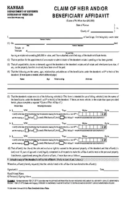 Kansas Motor Vehicle Small Estate Affidavit Form Tr83B