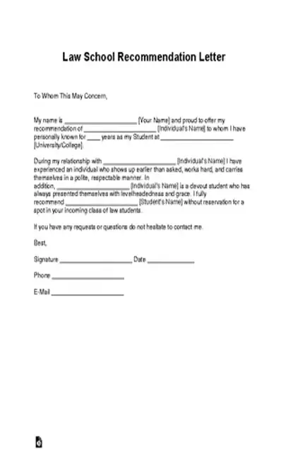 Law School Recommendation Letter Template