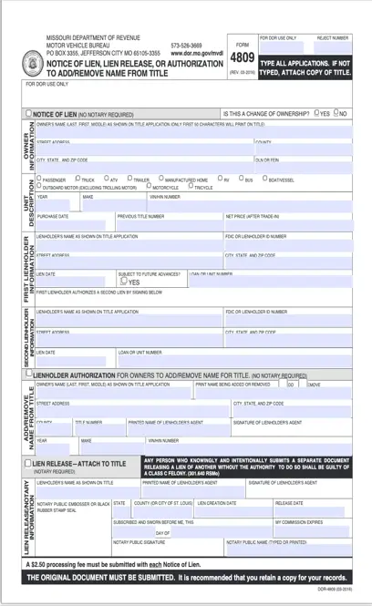 Missouri Notice Of Lien Lien Release Or Authorization To Add Remove Name From Title 4809