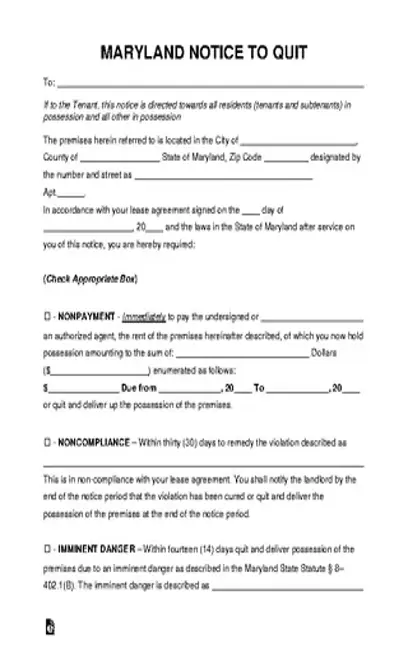 Maryland Eviction Notice To Quit Form