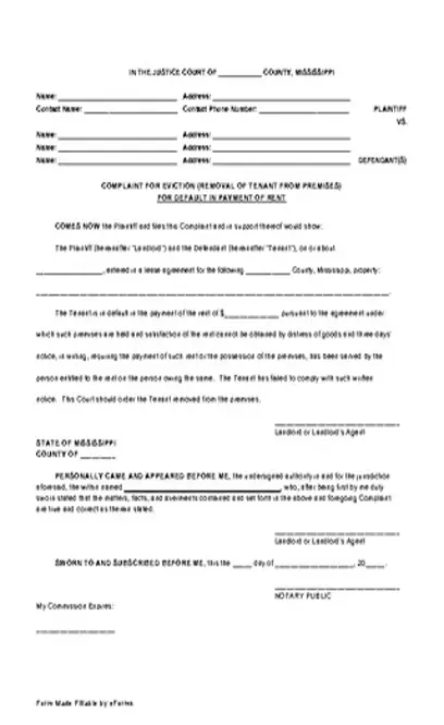 Mississippi Complaint For Eviction Non Payment Of Rent