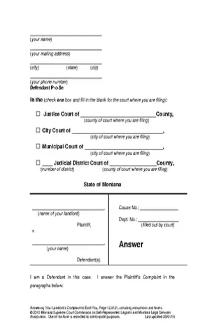 Montana Action For Possession Answer Form