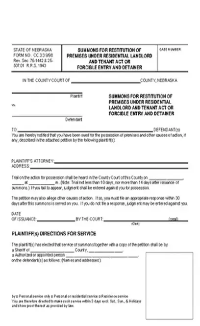 Nebraska Eviction Summons Form