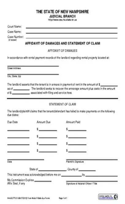 New Hampshire Affidavit Of Damages And Statement Of Claim