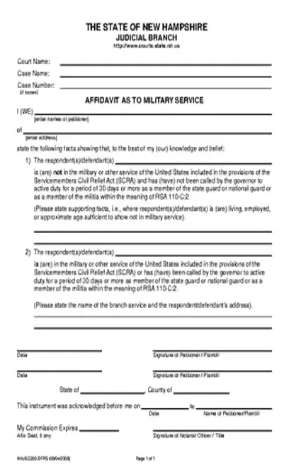 New Hampshire Eviction Affidavit Of Military Service