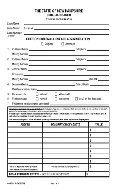 New Hampshire Petition For Small Estate Administration Nhjb 2141 P