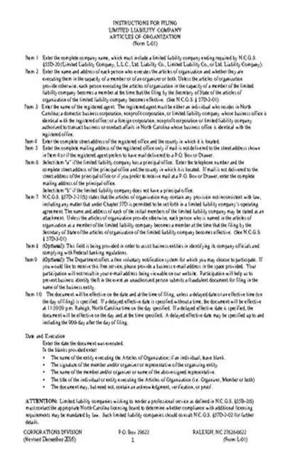 North Carolina Articles Of Organization