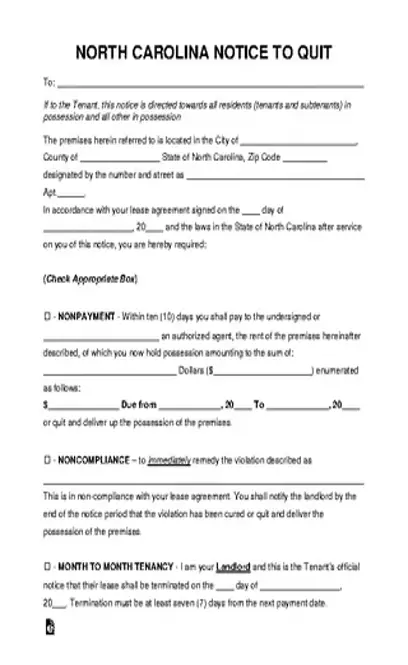 North Carolina Eviction Notice To Quit Form