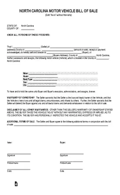 North Carolina Motor Vehicle Bill Of Sale Form