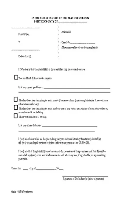 Oregon Eviction Answer Form