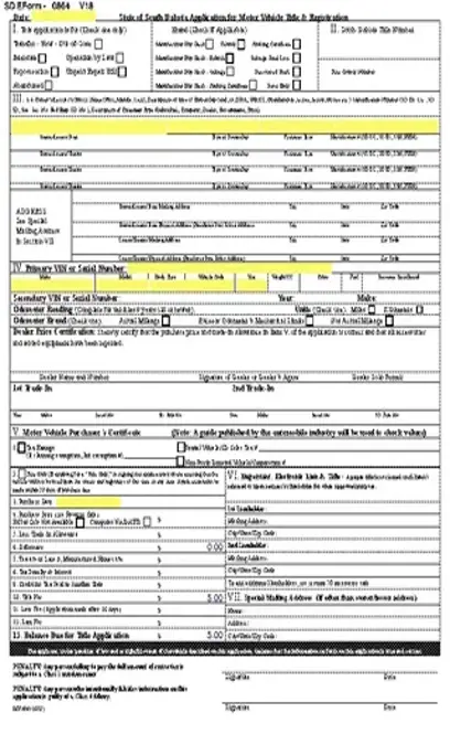 South Dakota Application For Motor Vehicle Title Registration Mv 608