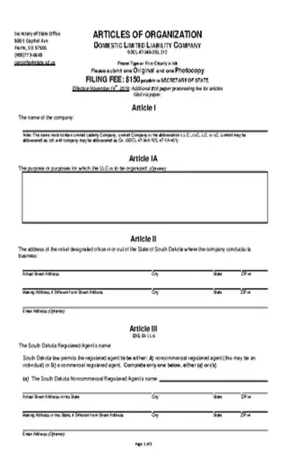 South Dakota Domestic Articles Of Organization