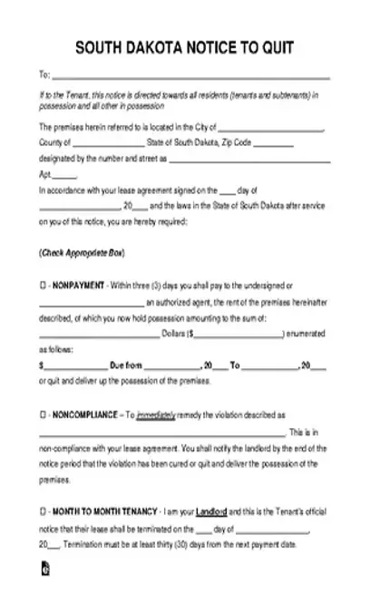 South Dakota Eviction Notice To Quit Form