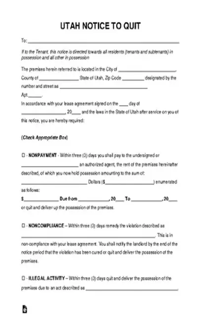 Utah Eviction Notice To Quit Form