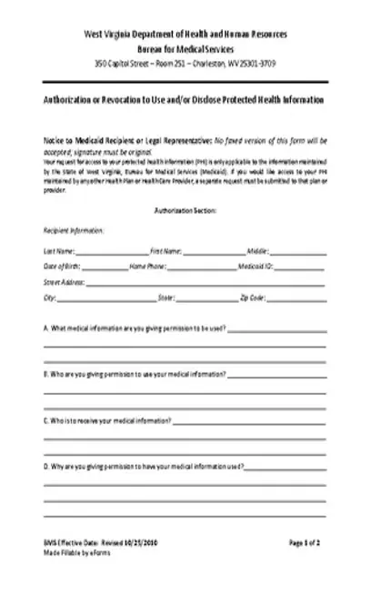 West Virginia Hipaa Medical Release Form