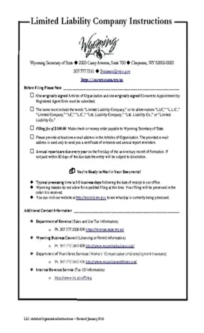 Wyoming Domestic Articles Of Organization