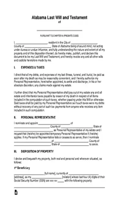 Alabama Last Will And Testament Template