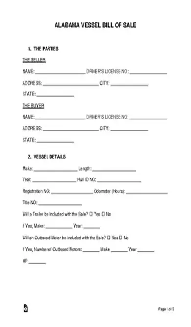 Alabama Vessel Bill Of Sale Form