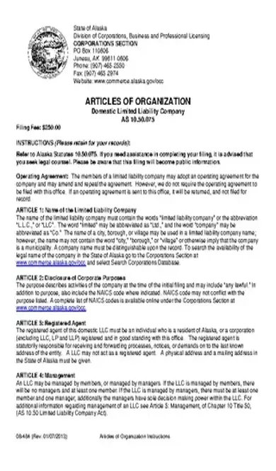 Alaska Domestic Articles Of Organization Llc