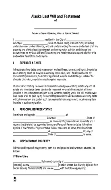 Alaska Last Will And Testament Template