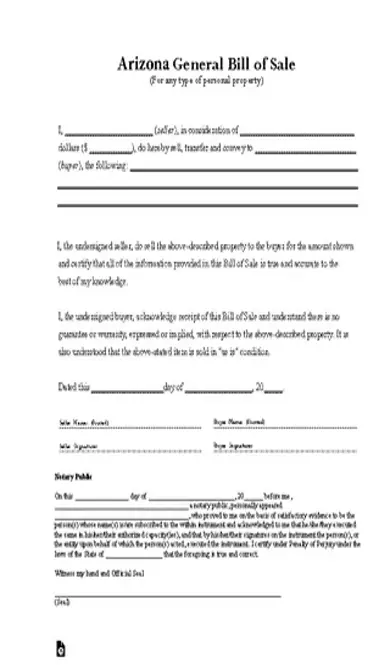 Arizona General Bill Of Sale Form