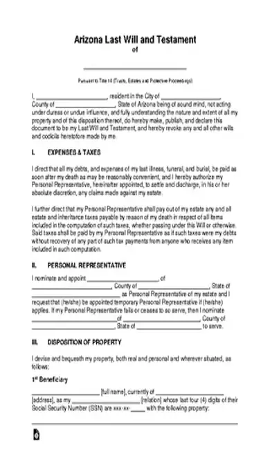 Arizona Last Will And Testament Template