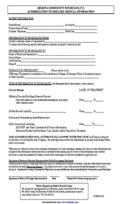 Arizona Medical Records Release Form 2