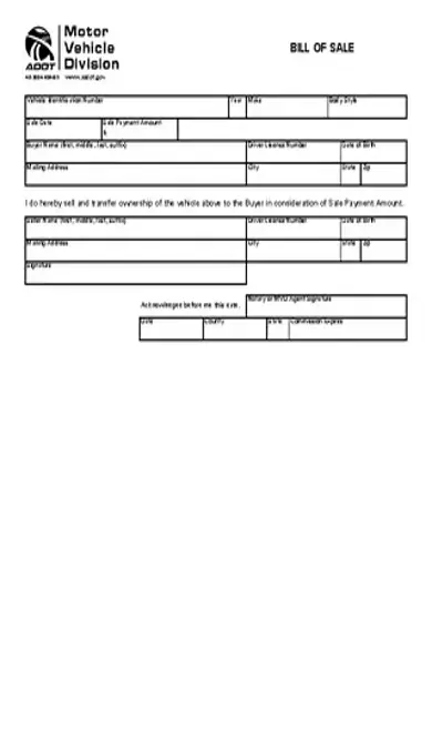 Arizona Motor Vehicle Bill Of Sale Form