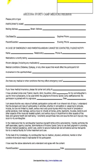 Arizona Sports Camp Medical Release Form